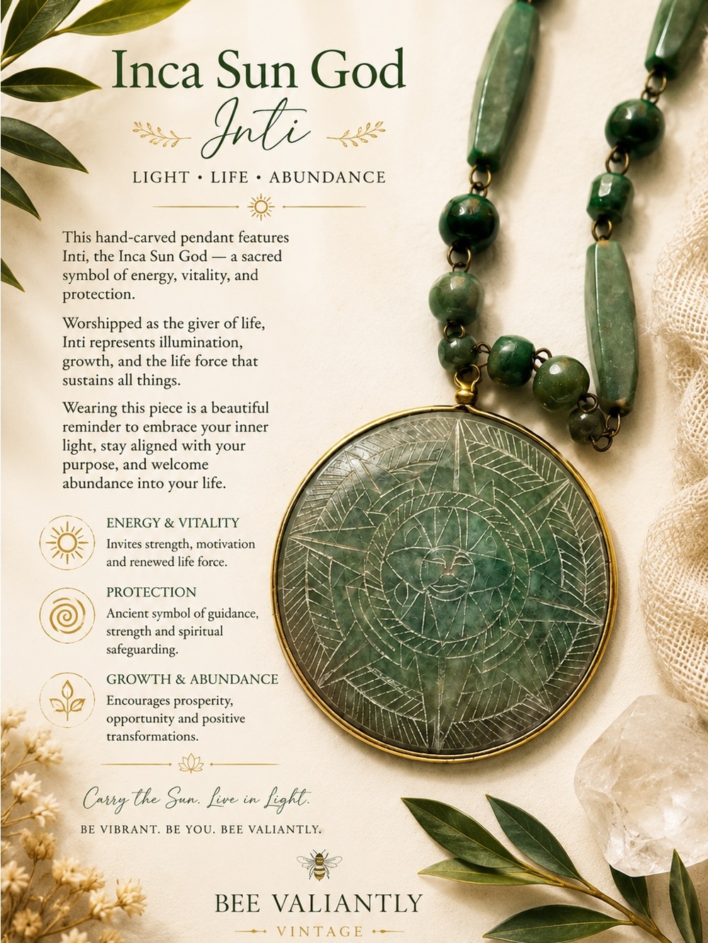 Vintage Peruvian Green Opal Inti Sun God Necklace | Hand Carved Artisan Pendant
